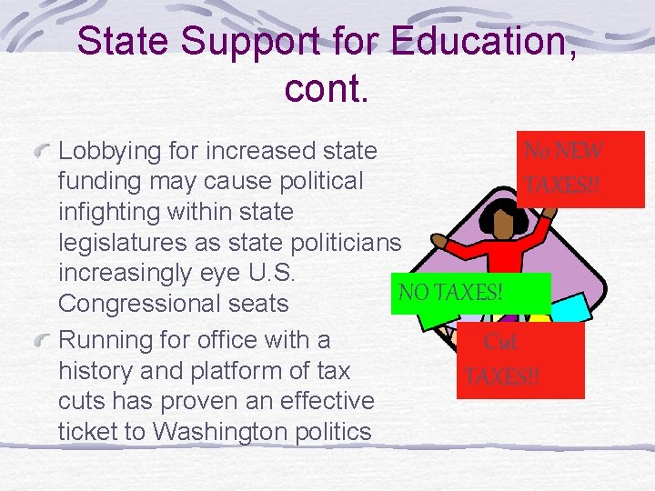 State Support for Education, cont. No NEW Lobbying for increased state funding may cause