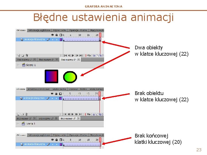 GRAFIKA ANIMACYJNA Błędne ustawienia animacji Dwa obiekty w klatce kluczowej (22) Brak obiektu w