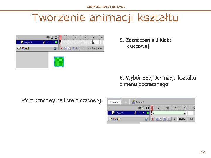 GRAFIKA ANIMACYJNA Tworzenie animacji kształtu 5. Zaznaczenie 1 klatki kluczowej 6. Wybór opcji Animacja