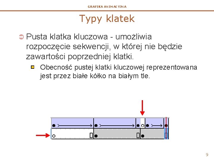 GRAFIKA ANIMACYJNA Typy klatek Ü Pusta klatka kluczowa - umożliwia rozpoczęcie sekwencji, w której