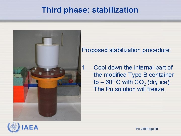 Third phase: stabilization Proposed stabilization procedure: 1. IAEA Cool down the internal part of