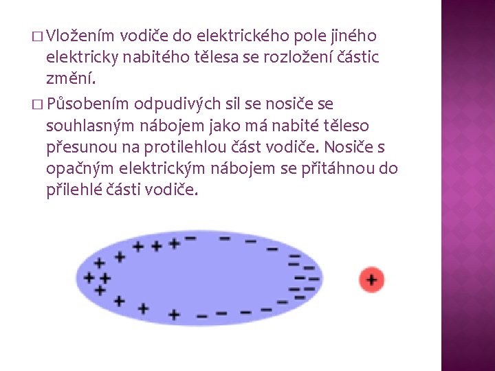 � Vložením vodiče do elektrického pole jiného elektricky nabitého tělesa se rozložení částic změní. � Vložením vodiče do elektrického pole jiného elektricky nabitého tělesa se rozložení částic změní.