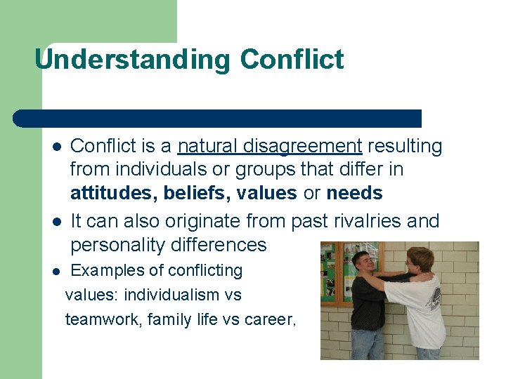 Understanding Conflict l l l Conflict is a natural disagreement resulting from individuals or