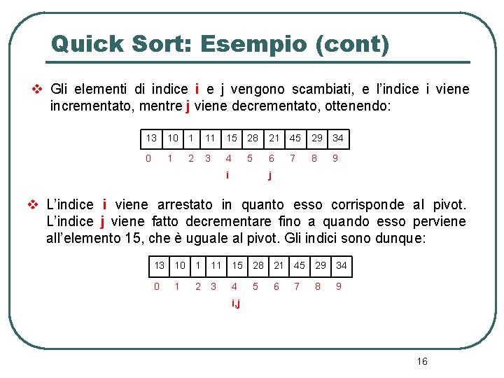 Quick Sort: Esempio (cont) v Gli elementi di indice i e j vengono scambiati,