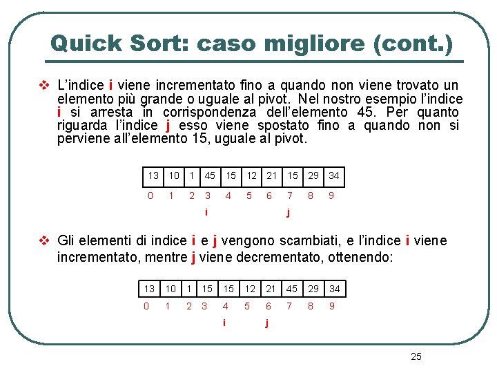 Quick Sort: caso migliore (cont. ) v L’indice i viene incrementato fino a quando