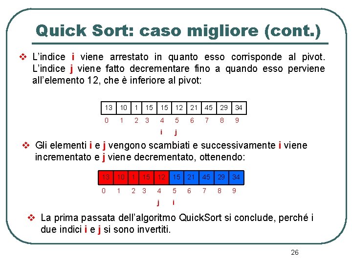 Quick Sort: caso migliore (cont. ) v L’indice i viene arrestato in quanto esso