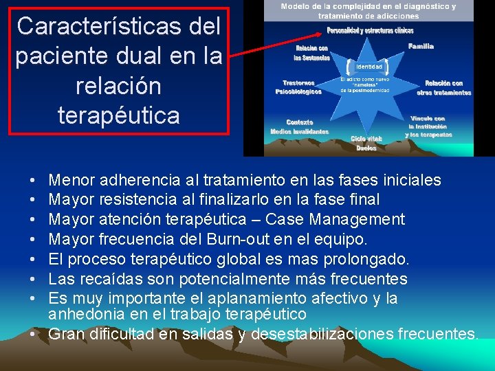 Características del paciente dual en la relación terapéutica • • Menor adherencia al tratamiento