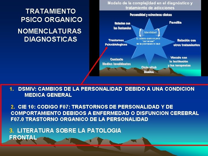 TRATAMIENTO PSICO ORGANICO NOMENCLATURAS DIAGNOSTICAS 1. DSMIV: CAMBIOS DE LA PERSONALIDAD DEBIDO A UNA