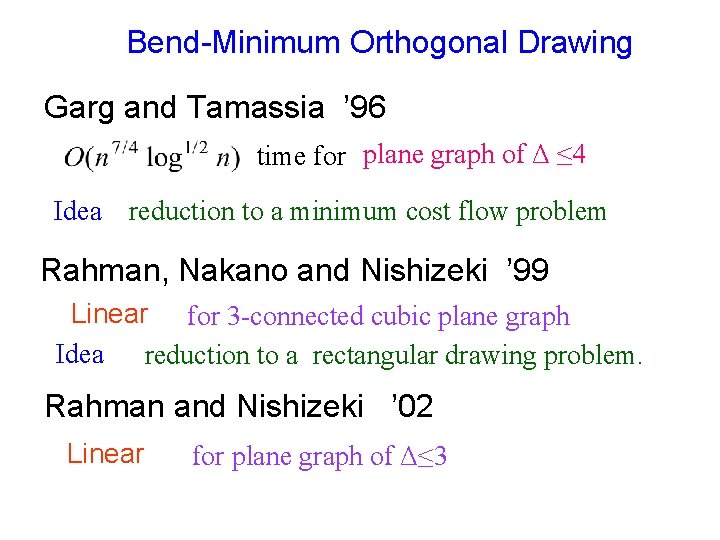 Bend-Minimum Orthogonal Drawing Garg and Tamassia ’ 96 time for plane graph of Δ