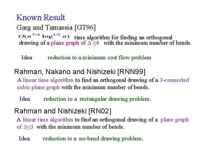 Known Result Garg and Tamassia [GT 96] time algorithm for finding an orthogonal drawing