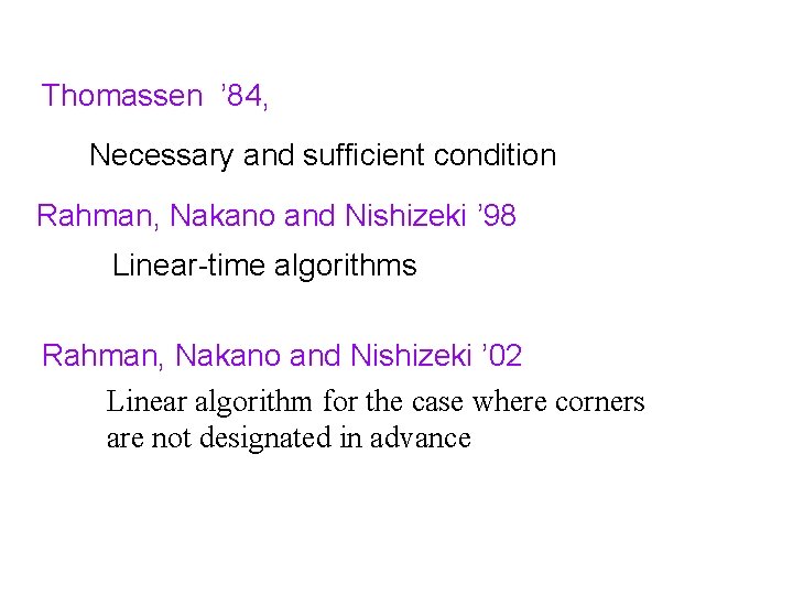 Thomassen ’ 84, Necessary and sufficient condition Rahman, Nakano and Nishizeki ’ 98 Linear-time