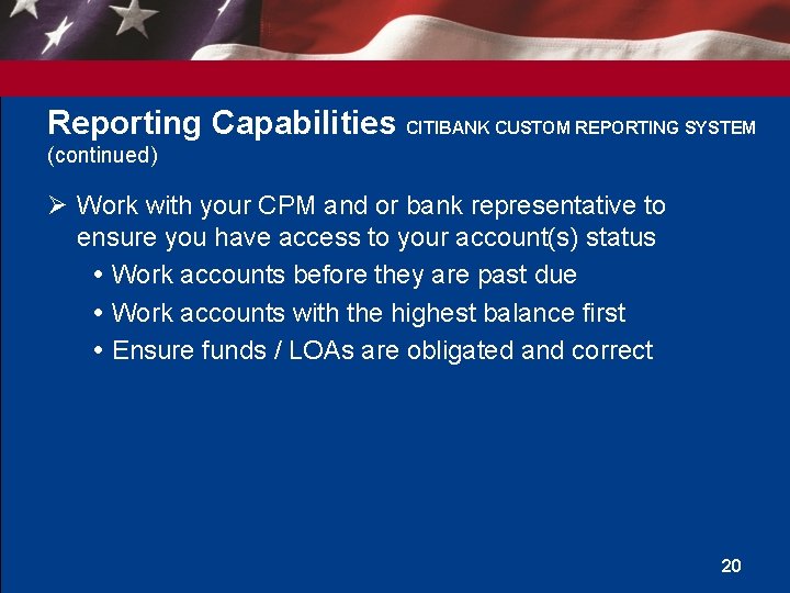 Reporting Capabilities CITIBANK CUSTOM REPORTING SYSTEM (continued) Ø Work with your CPM and or