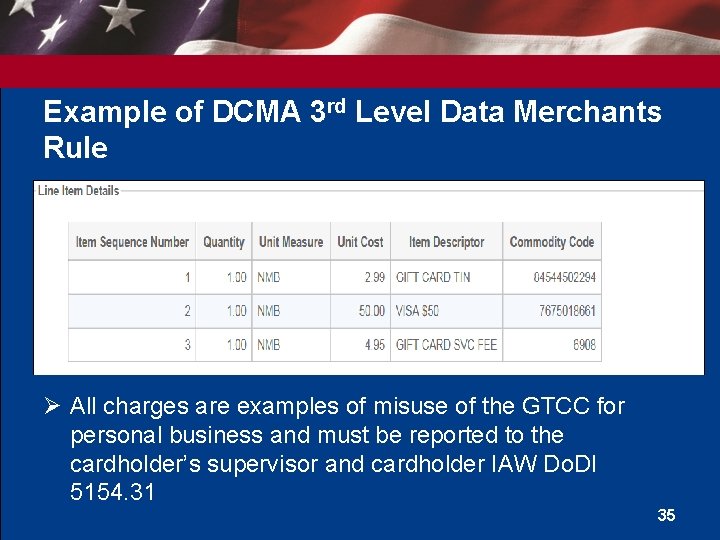 Example of DCMA 3 rd Level Data Merchants Rule Ø All charges are examples