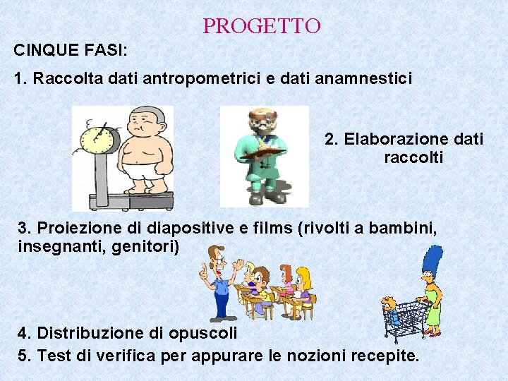 PROGETTO CINQUE FASI: 1. Raccolta dati antropometrici e dati anamnestici 2. Elaborazione dati raccolti PROGETTO CINQUE FASI: 1. Raccolta dati antropometrici e dati anamnestici 2. Elaborazione dati raccolti