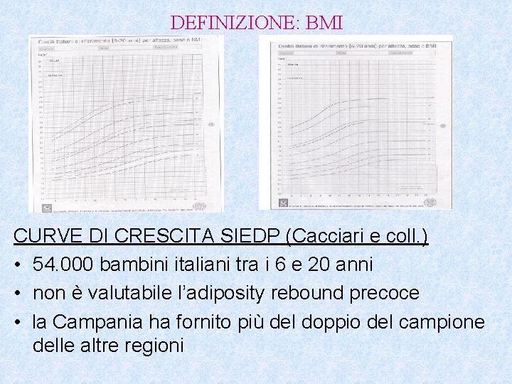 DEFINIZIONE: BMI CURVE DI CRESCITA SIEDP (Cacciari e coll. ) • 54. 000 bambini DEFINIZIONE: BMI CURVE DI CRESCITA SIEDP (Cacciari e coll. ) • 54. 000 bambini