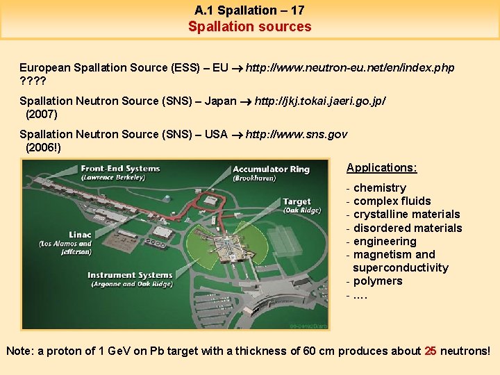 A. 1 Spallation – 17 Spallation sources European Spallation Source (ESS) – EU http: