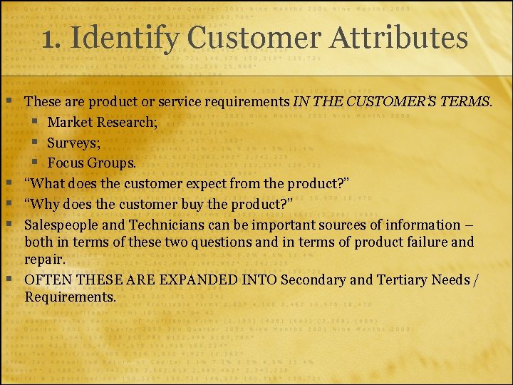 1. Identify Customer Attributes § § § These are product or service requirements IN