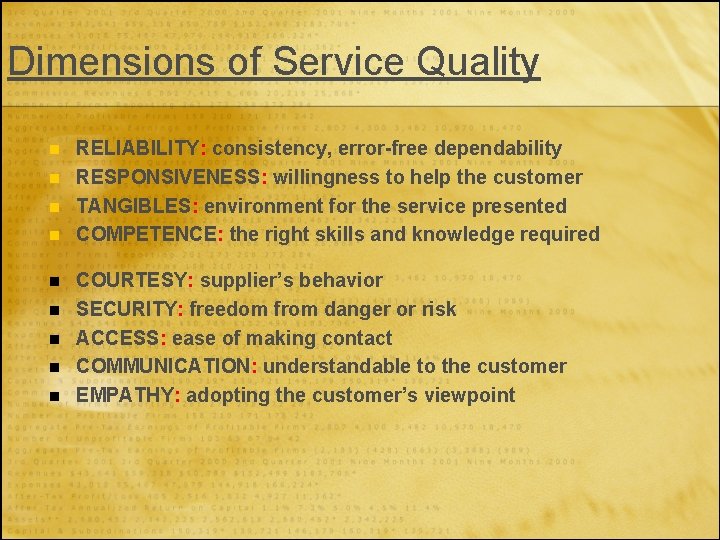 Dimensions of Service Quality n n n n n RELIABILITY: consistency, error-free dependability RESPONSIVENESS: