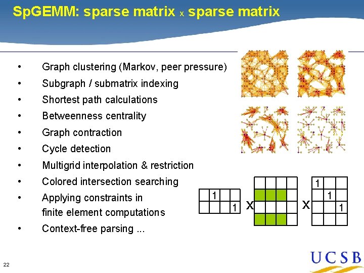 Sp. GEMM: sparse matrix x sparse matrix Why focus on Sp. GEMM? 22 •