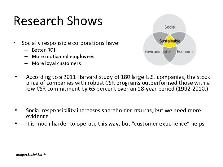 Research Shows • Socially responsible corporations have: – Better ROI – More motivated employees