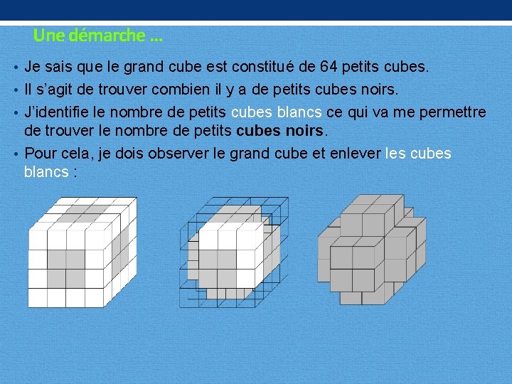 Une démarche … • Je sais que le grand cube est constitué de 64