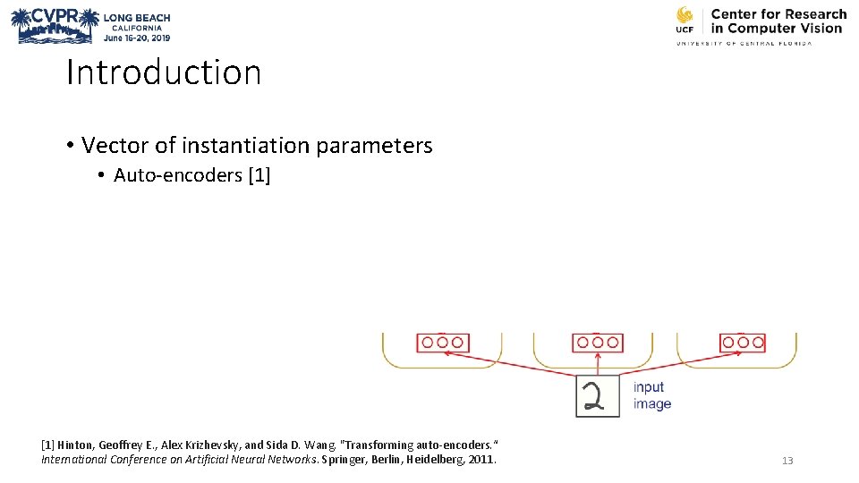 Introduction • Vector of instantiation parameters • Auto-encoders [1] Hinton, Geoffrey E. , Alex