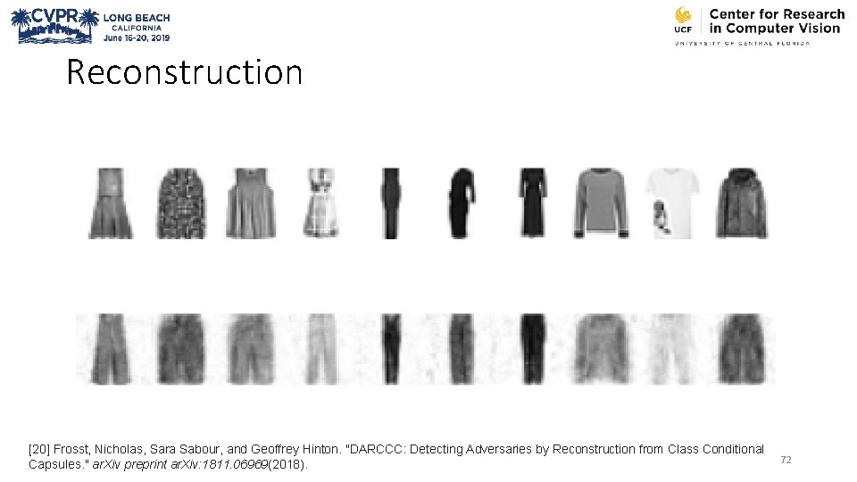 Reconstruction [20] Frosst, Nicholas, Sara Sabour, and Geoffrey Hinton. "DARCCC: Detecting Adversaries by Reconstruction