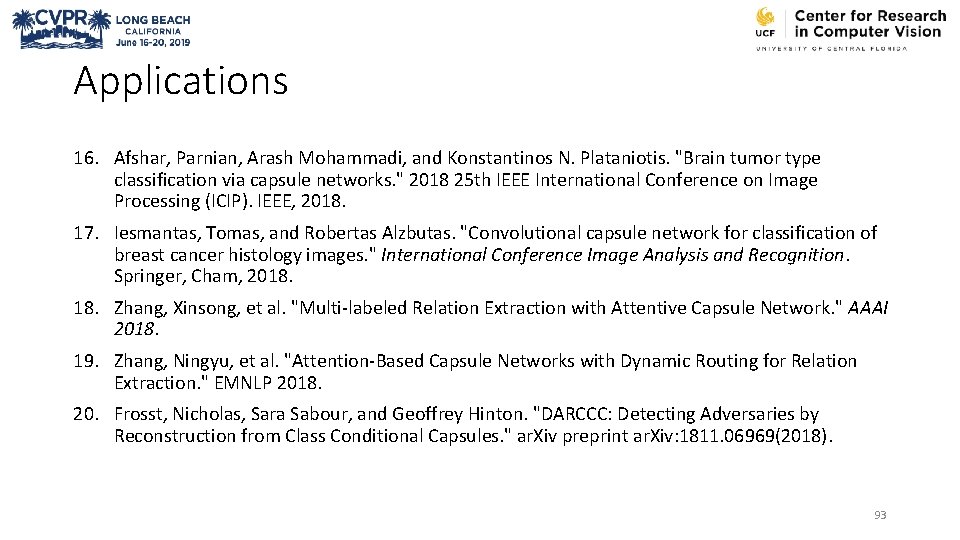 Applications 16. Afshar, Parnian, Arash Mohammadi, and Konstantinos N. Plataniotis. "Brain tumor type classification