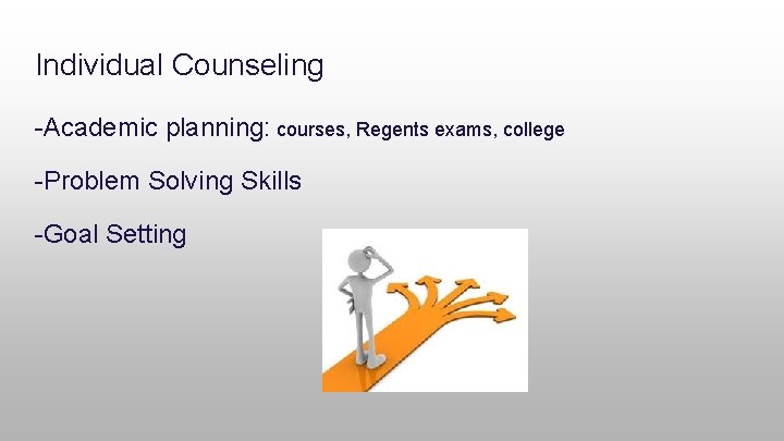 Individual Counseling -Academic planning: courses, Regents exams, college -Problem Solving Skills -Goal Setting 