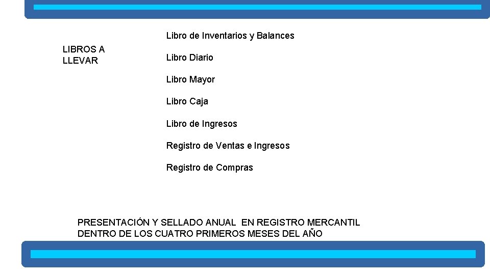 Libro de Inventarios y Balances LIBROS A LLEVAR Libro Diario Libro Mayor Libro Caja