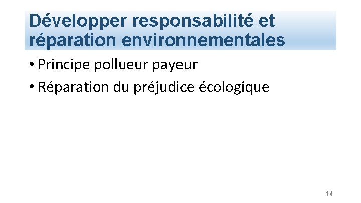 Développer responsabilité et réparation environnementales • Principe pollueur payeur • Réparation du préjudice écologique