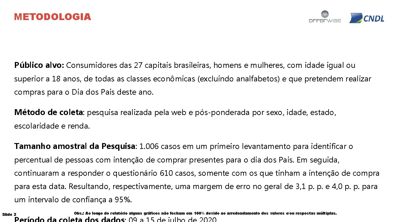 METODOLOGIA Público alvo: Consumidores das 27 capitais brasileiras, homens e mulheres, com idade igual