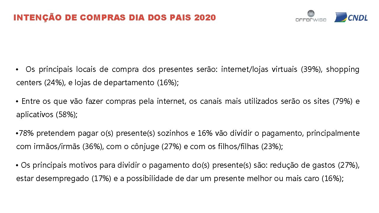 INTENÇÃO DE COMPRAS DIA DOS PAIS 2020 • Os principais locais de compra dos