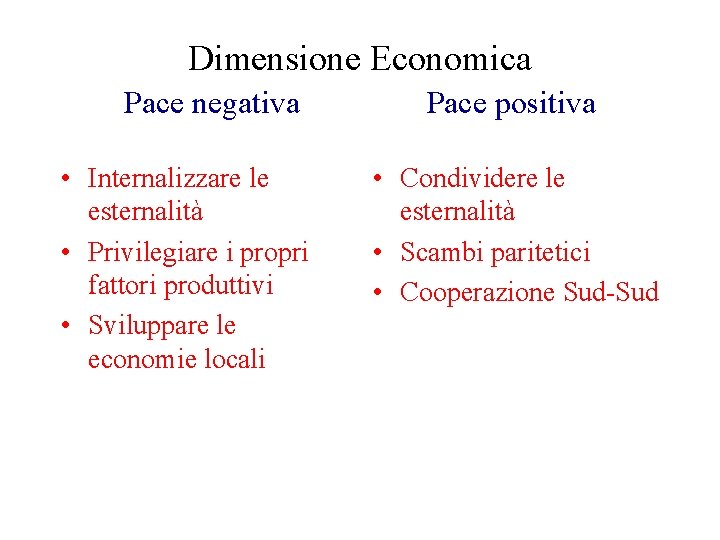 Dimensione Economica Pace negativa • Internalizzare le esternalità • Privilegiare i propri fattori produttivi