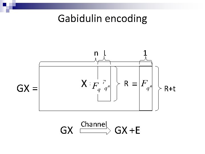 Gabidulin encoding n 1 X= GX Channel 1 R = GX +E R+t 