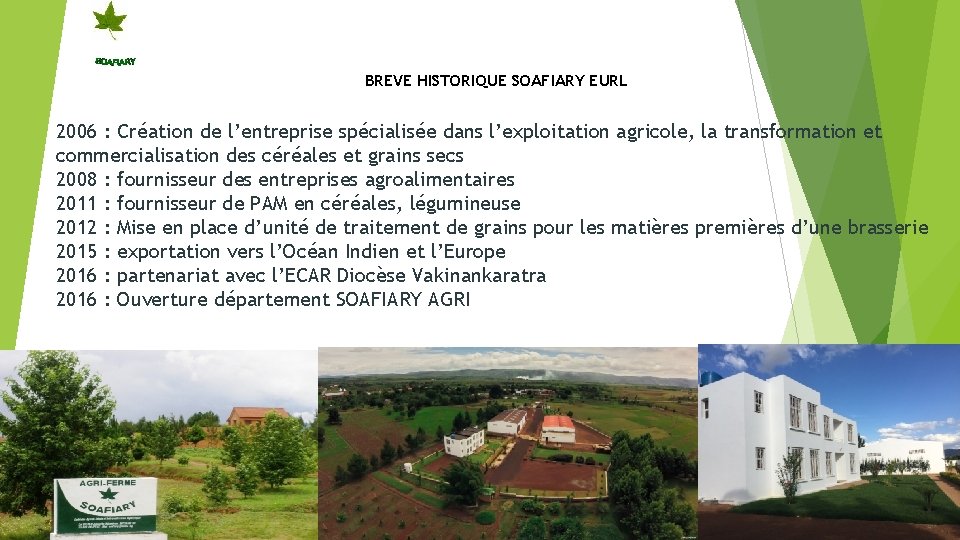 BREVE HISTORIQUE SOAFIARY EURL 2006 : Création de l’entreprise spécialisée dans l’exploitation agricole, la