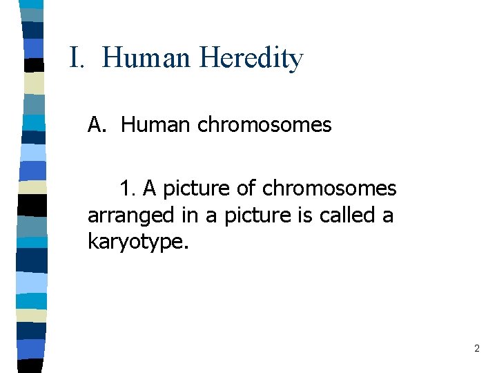 I. Human Heredity A. Human chromosomes 1. A picture of chromosomes arranged in a