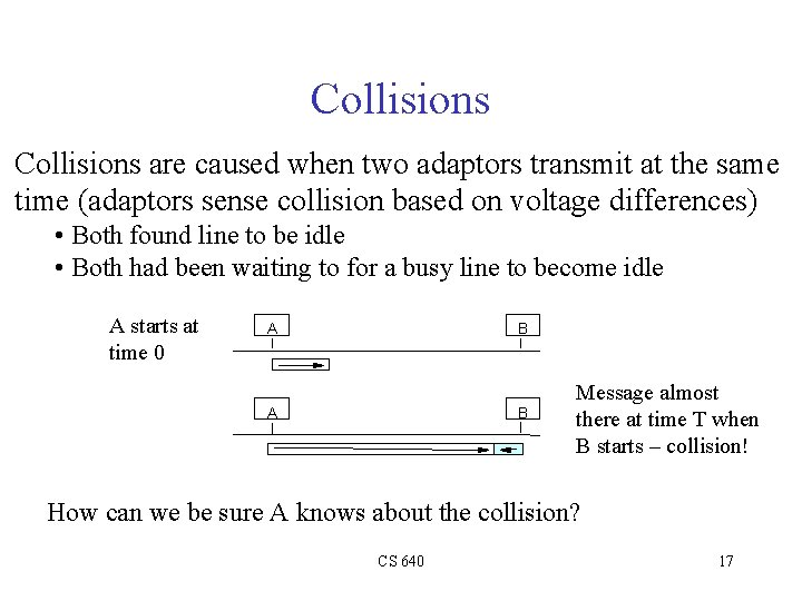 Collisions are caused when two adaptors transmit at the same time (adaptors sense collision