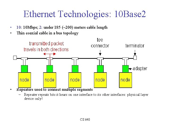 Ethernet Technologies: 10 Base 2 • • 10: 10 Mbps; 2: under 185 (~200)