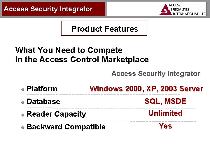 Access Security Integrator Product Features What You Need to Compete In the Access Control