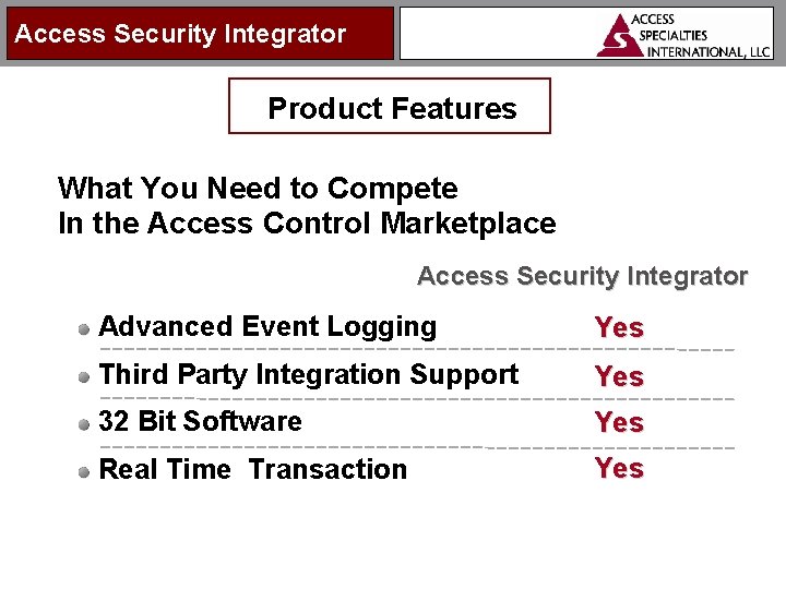 Access Security Integrator Product Features What You Need to Compete In the Access Control
