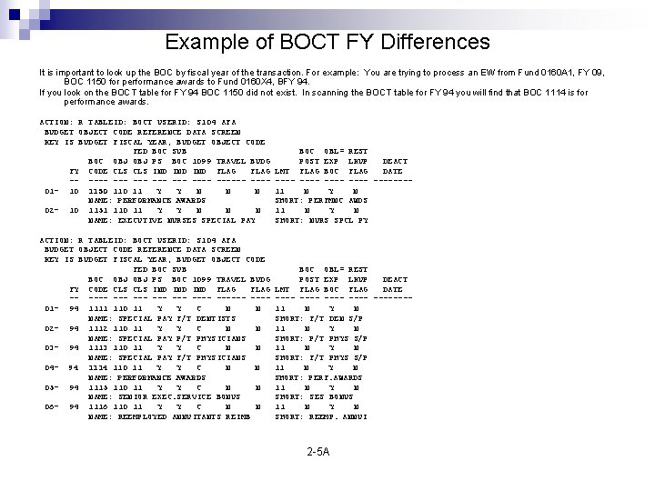 Example of BOCT FY Differences It is important to look up the BOC by