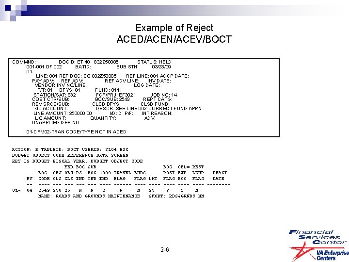 Example of Reject ACED/ACEN/ACEV/BOCT COMMND: DOCID: ET 40 832 Z 50005 STATUS: HELD 001