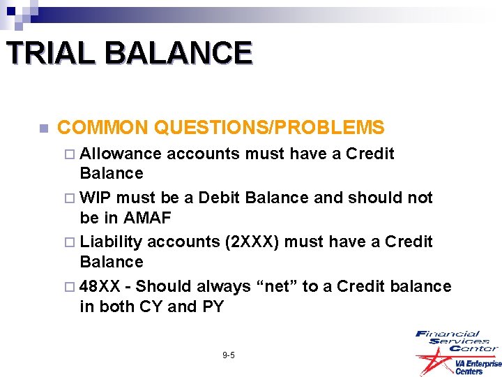 TRIAL BALANCE n COMMON QUESTIONS/PROBLEMS ¨ Allowance accounts must have a Credit Balance ¨