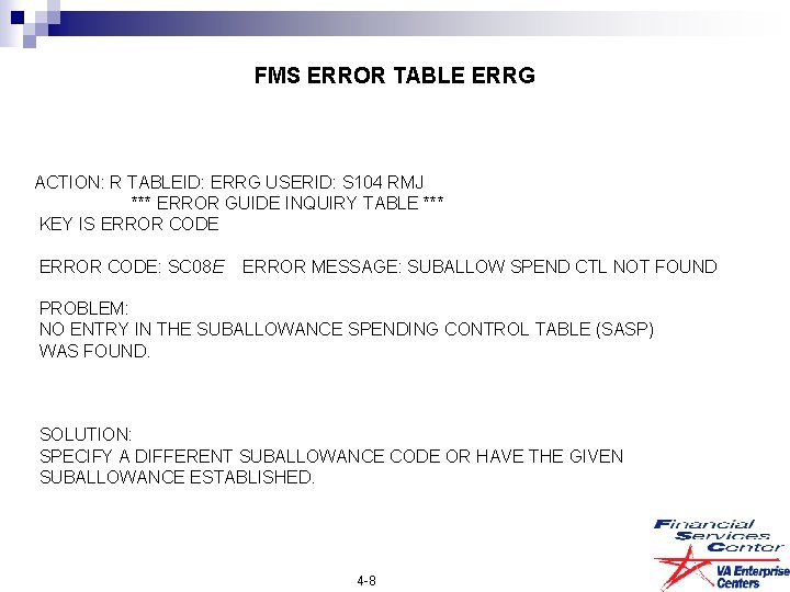 FMS ERROR TABLE ERRG ACTION: R TABLEID: ERRG USERID: S 104 RMJ *** ERROR