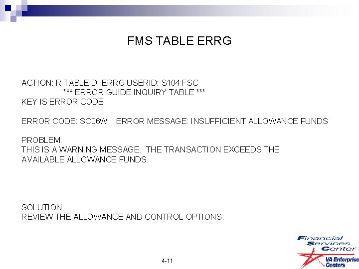 FMS TABLE ERRG ACTION: R TABLEID: ERRG USERID: S 104 FSC *** ERROR GUIDE