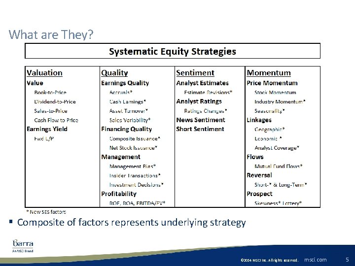 What are They? § Composite of factors represents underlying strategy © 2014 MSCI Inc.