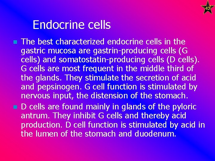 42 Endocrine cells n n The best characterized endocrine cells in the gastric mucosa