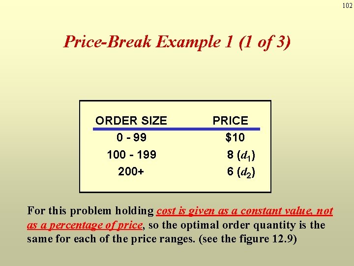 102 Price-Break Example 1 (1 of 3) ORDER SIZE 0 - 99 100 -