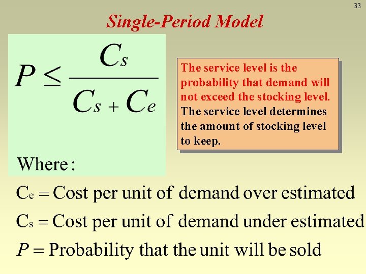 33 Single-Period Model The service level is the probability that demand will not exceed